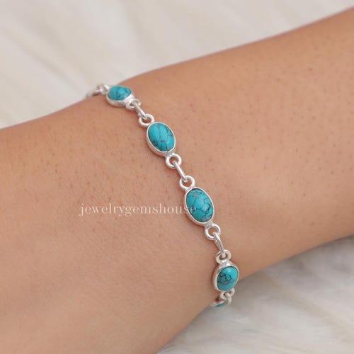 Natural Turquoise Bracelet, 925 Sterling Silver Bracelet, December Natural Turquoise Bracelet, 925 Sterling Silver Bracelet, December