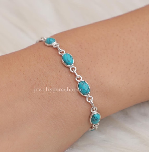 【本物】turquoise stone Silverブレスレット Natural Turquoise Bracelet, 925 Sterling Silver Bracelet, December