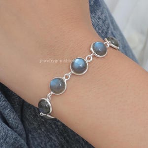 Natural Labradorite Bracelet, 925 Sterling Silver Bracelet, Round Stone Bracelet, Handmade  Silver Bracelet, Adjustable Bracelet