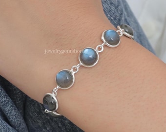 Natural Labradorite Bracelet, 925 Sterling Silver Bracelet, Round Stone Bracelet, Handmade  Silver Bracelet, Adjustable Bracelet