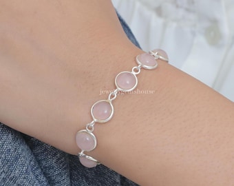 Pulsera de cuarzo rosa, pulsera de plata de ley 925, piedra de nacimiento de enero, pulsera hecha a mano, pulsera ajustable, joyería bohemia, regalo para mujer