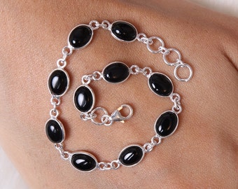 Bracelet en onyx noir, bracelet en argent sterling massif 925, bracelet cabochon de pierres précieuses, bracelet bijoux réglables, bracelet cadeau meilleur ami