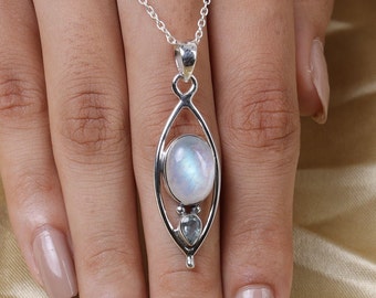 Rainbow Moonstone Pendant, Blue Topaz Pendant, 925 Sterling Silver Pendant, Boho Pendant, Statement Pendant, Handmade Pendant, Gift for Her