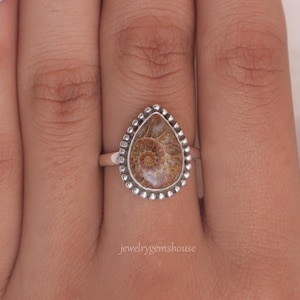 Ammonite Ring, 925 Sterling Silver Ring, Pear Shape Ring, Boho Gemstone Ring, Handmade Ammonite Jewelry, Best Friend Gift Ring, Women Ring