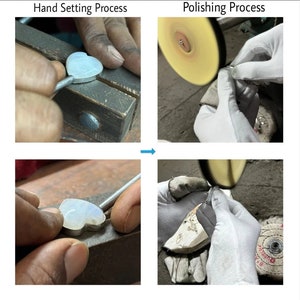 Puede incluir: Una secuencia visual de dos partes que muestra la fabricaci&oacute;n de joyas. La parte izquierda, etiquetada como Hand Setting Process, muestra una piedra en forma de coraz&oacute;n engastada en un marco. La derecha, Polishing Process, muestra el pulido.