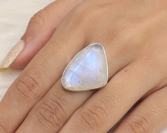 Rainbow Moonstone Ring, 925 Solid Sterling Silver Ring, Gemstone Ring, Blue Fire Ring, Handmade Jewelry, Statement Ring, Gift For Her