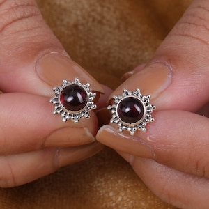 Natural Garnet Studs, 925 Sterling Silver Earrings, Boho Handmade Studs, January Birthstone, Minimalist Jewelry, Stone Sourced from Africa
