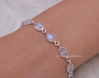 Armband med regnbågsmånesten, armband i 925 sterlingsilver, ovalt ädelstensarmband, silversmycken för kvinnor, handgjort armband, födelsedagspresent