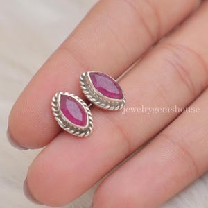 Ruby Stud Earrings, 925 Solid Sterling Silver Studs, July Birthstone Earrings, Marquise Gemstone Studs, Handmade Jewelry, Women Silver Studs