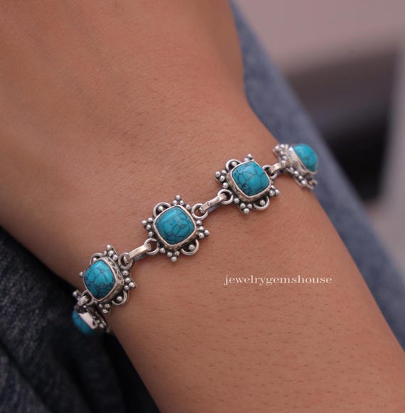 Natural Turquoise Bracelet, 925 Solid Sterling Silver Bracelet