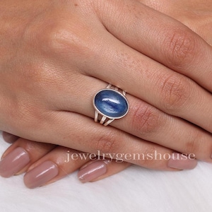 Kyanite Ring, 925 Sterling Silver Ring, September Birthstone, Oval Gemstone Ring, Triple Band Ring, Handmade Jewelry, Women Silver Ring