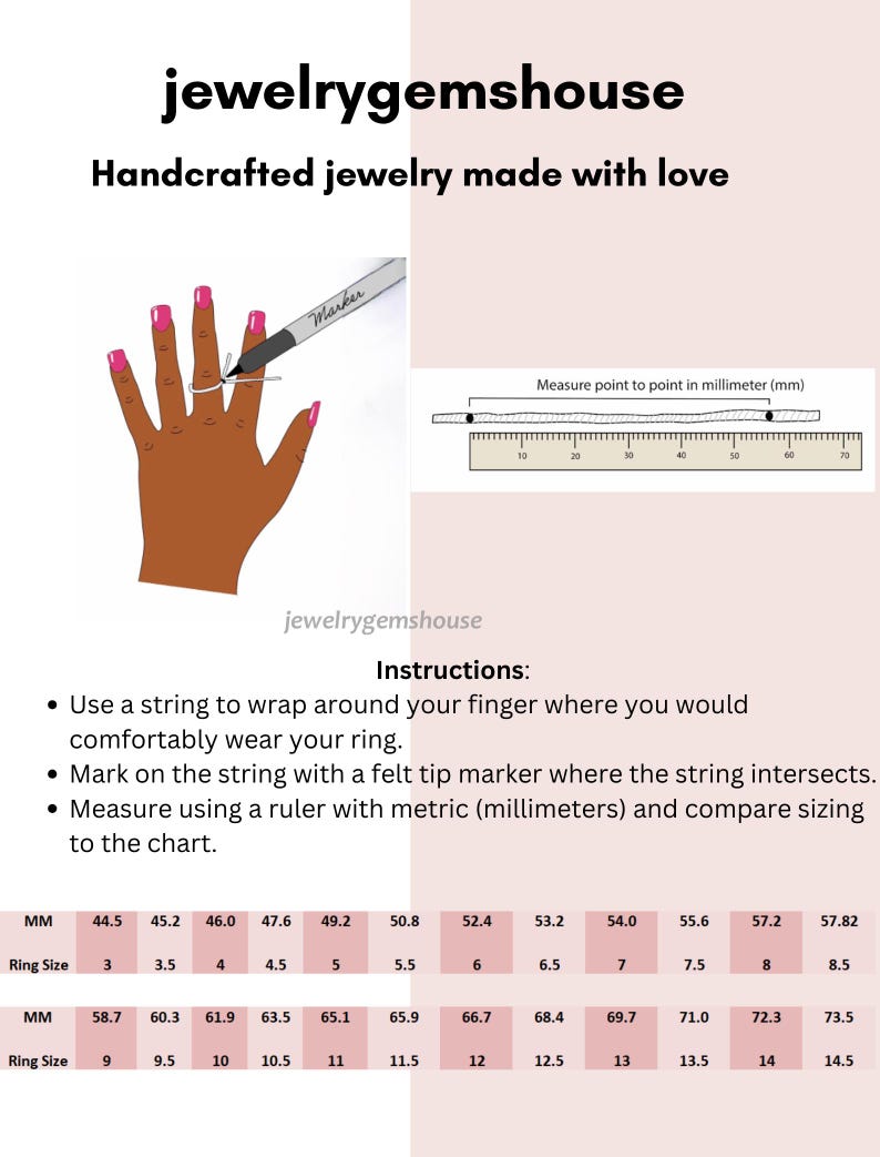 Może przedstawiać: Tabela konwersji rozmiar&oacute;w pierścionk&oacute;w od jewelrygemshouse z instrukcją mierzenia obwodu palca za pomocą sznurka i markera. Grafika zawiera schemat mierzonego palca oraz tabelę z rozmiarami pierścionk&oacute;w od 3 do 14,5.
