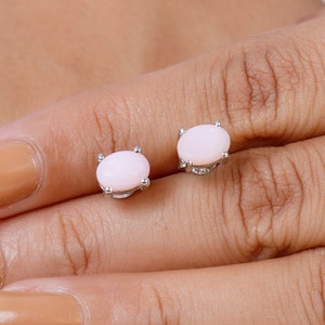 Natural Pink Opal Studs, 925 Sterling Silver Earrings, Boho Handmade Women Jewelry, October Birthstone Studs, Stone Sourced from Peru