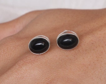 Black Onyx Stud Earrings, 925 Sterling Silver Studs, Oval Onyx Earrings, Push Back Studs, Handmade Jewelry Studs, Minimalist Stud Earrings