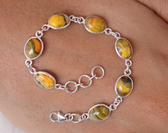 Bumblebee Jasper Bracelet, 925 Sterling Silver Bracelet, Oval Gemstone Bracelet, Jasper Silver Jewelry, Handmade Bracelet, Anniversary Gift