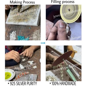 May include: A four-image collage showing the process of making a silver chain necklace. The first image shows a person soldering links of the chain together. The second image shows a person polishing the chain with a spinning wheel. The third image shows a person adding beads to the chain. The fourth image shows a person polishing the chain with a spinning wheel. The text "925 SILVER PURITY" and "100% HANDMADE" are visible in the images.