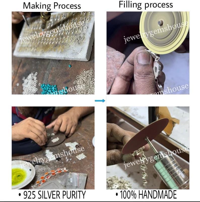 May include: A four-image collage showing the process of making a silver chain necklace. The first image shows a person soldering links of the chain together. The second image shows a person polishing the chain with a spinning wheel. The third image shows a person adding beads to the chain. The fourth image shows a person polishing the chain with a spinning wheel. The text "925 SILVER PURITY" and "100% HANDMADE" are visible in the images.