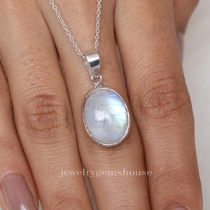 Rainbow Moonstone Pendant, 925 Sterling Silver Necklace, Boho Pendant, June Birthstone, Handmade Necklace, Minimalist Jewelry, Gift for Her