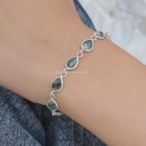 Natural Seraphinite Bracelet, 925 Sterling Silver Bracelet, Pear Gemstone Bracelet, Healing Crystal Bracelet, Adjustable Silver Bracelet