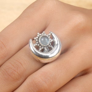 Aquamarine Ring, 925 Sterling Silver Ring, Adjustable Ring, Crescent Moon Ring, Boho Ring, Women Ring, Silver Aquamarine Ring, Gift for Her