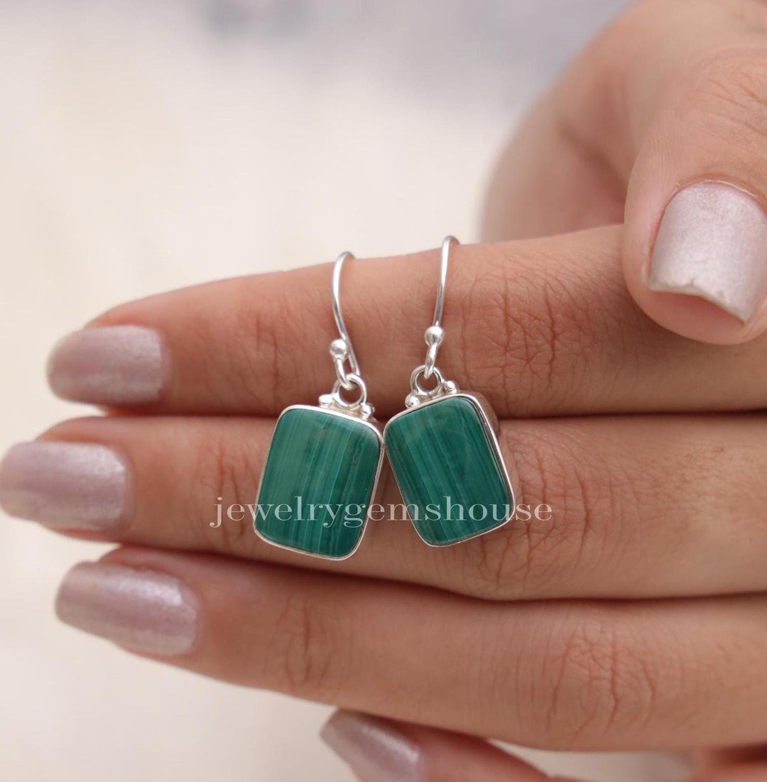 Natural Malachite Earrings, 925 Sterling Silver Earrings, Gemstone