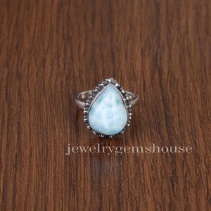 Natural Larimar Ring, 925 Sterling Silver Ring, Pear Shaped Ring, Gemstone Silver Ring, Handmade Jewelry, Dominican Republic Larimar Ring