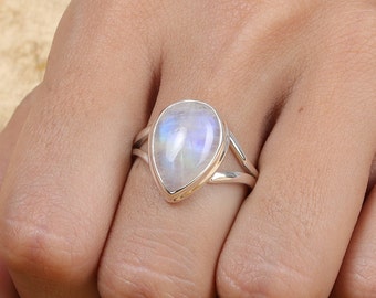 Rainbow Moonstone Ring, Sterling Silver Ring, Pear Shaped Ring, Handmade Ring, Boho Statement Ring, Natural Moonstone Ring, Gift for Her