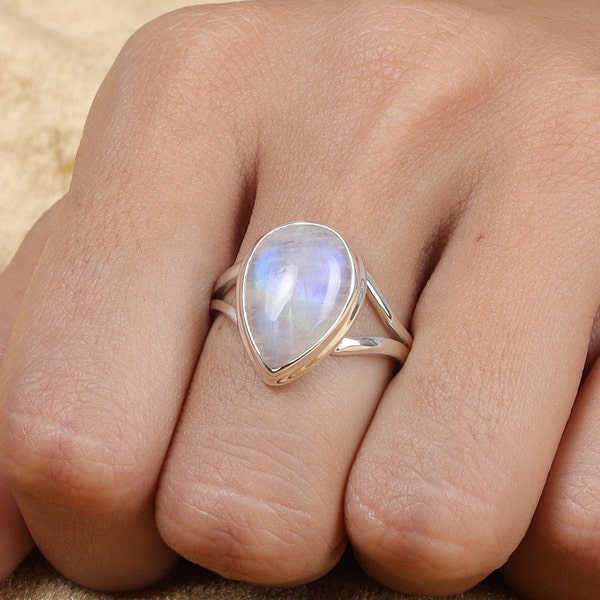 Rainbow Moonstone Ring, Sterling Silver Ring, Pear Shaped Ring, Handmade Ring, Boho Statement Ring, Natural Moonstone Ring, Gift for Her