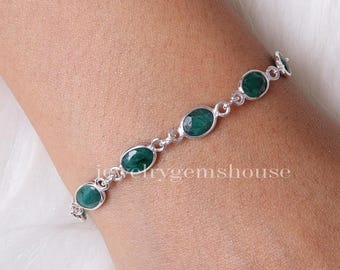 Emerald Bracelet, 925 Sterling Silver Bracelet, Faceted Gemstone Bracelet, Handmade Jewellery, Adjustable Chain Bracelet, Bracelet For Women