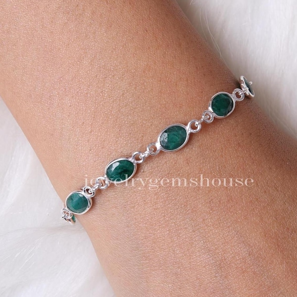 Pulsera de esmeralda, pulsera de plata de ley 925, pulsera de piedras preciosas facetadas, joyería hecha a mano, pulsera de cadena ajustable, pulsera para mujer