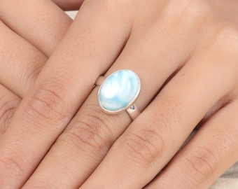 Larimar Silberring, natürlicher Larimar Edelstein Ring, massiver 925 Sterling Silber Ring, Larimar Statement Ring, ovaler Larimar Ring, handgemachter Ring