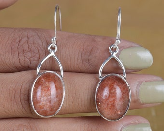 Sunstone Earrings, 925 Sterling Silver Earrings, Silver Drop Earrings, Oval Gemstone Earrings, Handmade Jewelry, Birthday Gift for Sister