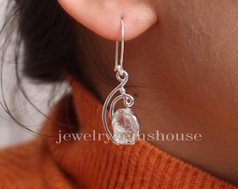 Raw Herkimer Diamond Earrings, 925 Solid Sterling Silver Earrings, Dangle Drop Earrings, Rough Gemstone Earrings, Handmade Jewelry Earrings