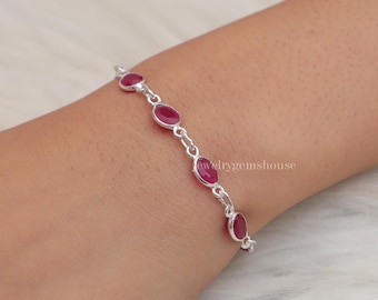 Ruby Bracelet, 925 Sterling Silver Bracelet, Oval Gemstone Bracelet, Minimalist Silver Jewelry, Boho Handmade Bracelet, Anniversary Gifts