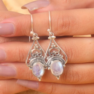 Moonstone Earring, 925 Sterling Silver Earring, Oval Rainbow Moonstone Earring, Statement Earring, Boho Earring, Dangle Drop Silver Earring