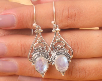 Moonstone Earring, 925 Sterling Silver Earring, Oval Rainbow Moonstone Earring, Statement Earring, Boho Earring, Dangle Drop Silver Earring