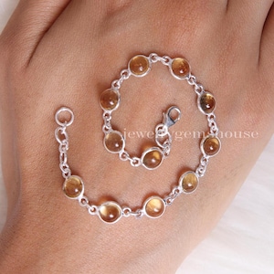 Natural Citrine Bracelet, 925 Sterling Silver Bracelet, November Birthstone, Round Stone Bracelet, Handmade Gemstone Jewelry, Gift for Her