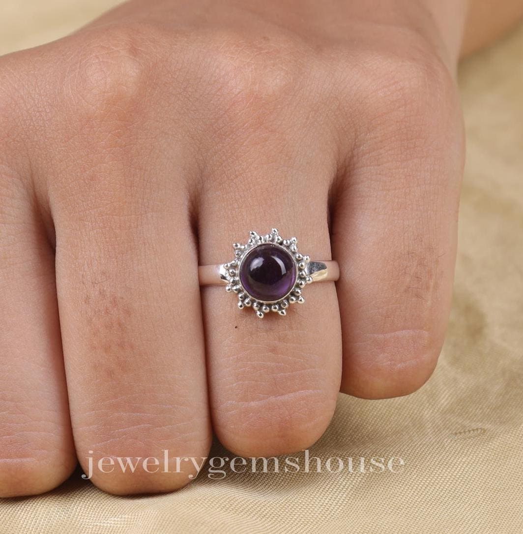 Amethyst Ring, 925 Sterling Silver Ring, February Birthstone, Round Stone Ring, Bohemian Ring, Crystal Gemstone Ring, Handmade Jewellery