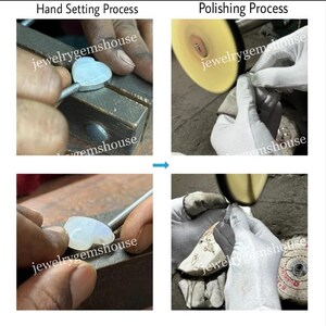 May include: A collage of four images showing the hand setting and polishing process of a heart-shaped gemstone. The first image shows a hand setting a gemstone in a metal setting. The second image shows a hand polishing a gemstone with a polishing wheel. The third image shows a hand setting a gemstone in a metal setting. The fourth image shows a hand polishing a gemstone with a polishing wheel.