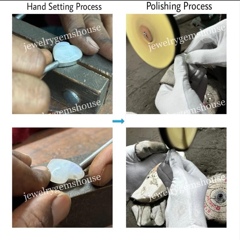 May include: A collage of four images showing the hand setting and polishing process of a heart-shaped gemstone. The first image shows a hand setting a gemstone in a metal setting. The second image shows a hand polishing a gemstone with a polishing wheel. The third image shows a hand setting a gemstone in a metal setting. The fourth image shows a hand polishing a gemstone with a polishing wheel.