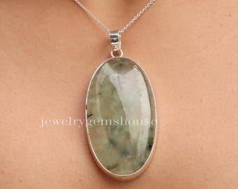 Natural Prehnite Pendant, 925 Sterling Silver Pendant, Oval Shape Pendent, Halloween Jewelry, Handmade Gemstone Pendent, Christmas Gift