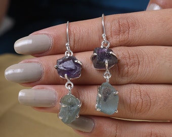 Natural Aquamarine Earrings, Amethyst Earrings, 925 Sterling Silver Earrings, Raw Gemstone Earrings, Crystal Earrings, Dangle Drop Earrings