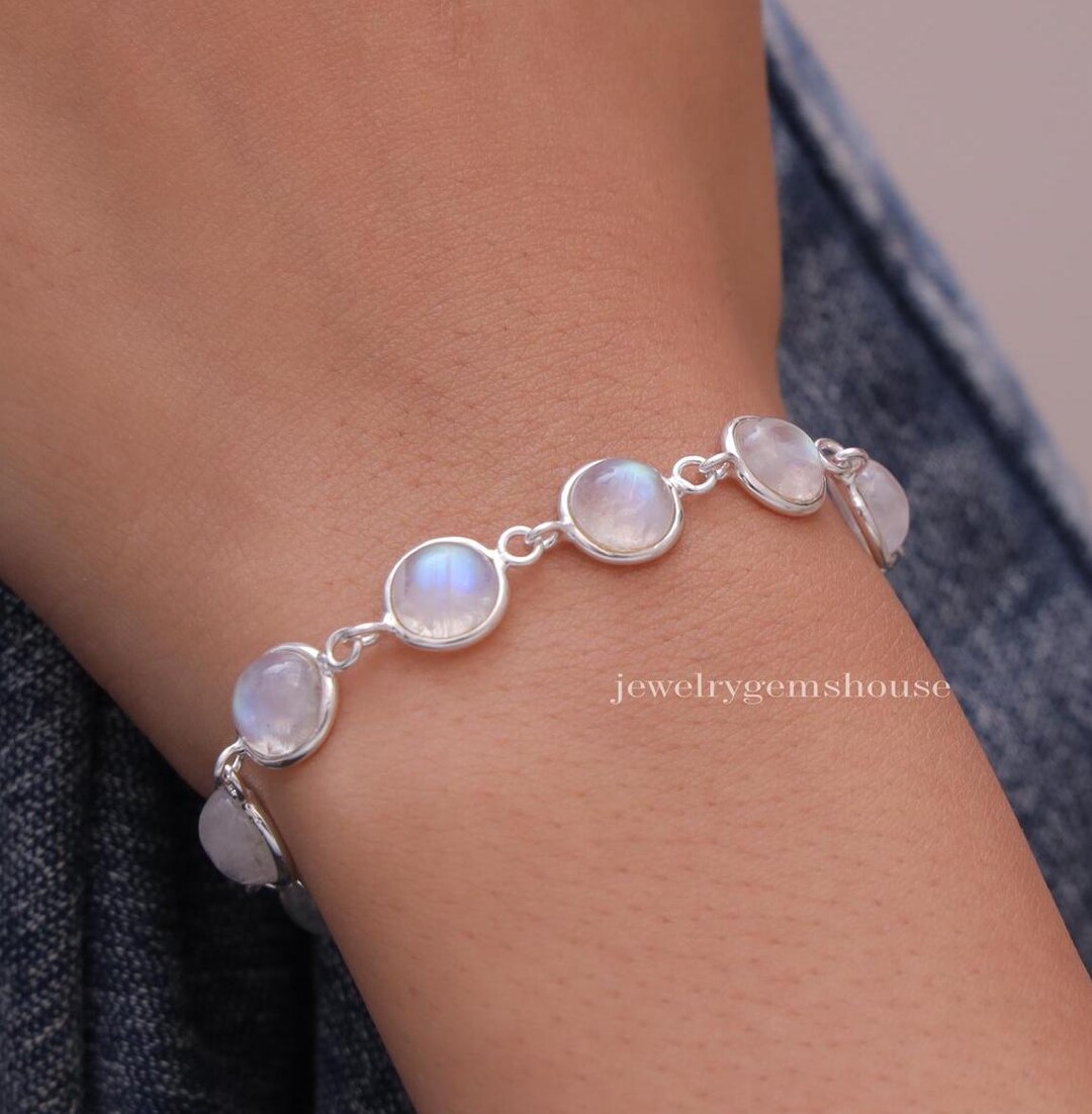Handmade Natural Rainbow Moonstone Cuff Bracelet - Adjustable 925 Sterling Silver - Unbranded Gemstone Jewelry
