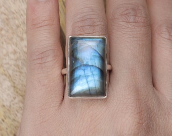 Labradorite Ring, 925 Solid Sterling Silver Ring, Rectangular Shaped Ring, Statement Ring, Blue Fire Gemstone Ring, Christmas Gift for Her