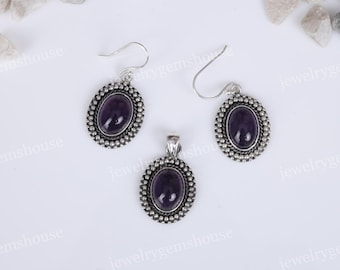 Amethyst 925 Sterling Silver Gemstone Available Pendant Earring Set Jewelry / February Birthstone / Oval Crystal Jewelry / Anniversary Gift