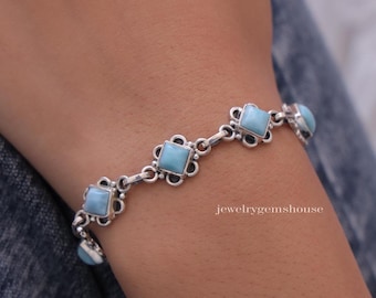 Larimar Bracelet, 925 Sterling Silver Bracelet, Dominican Larimar Bracelet, Handmade Jewelry, Cabochon Bracelet, Personalised Gift