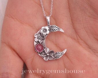 Tourmaline Pendant, 925 Sterling Silver Pendant, October Birthstone Pendant, Cabochon Jewelry, Handmade Pendent, Half-Moon Pendant
