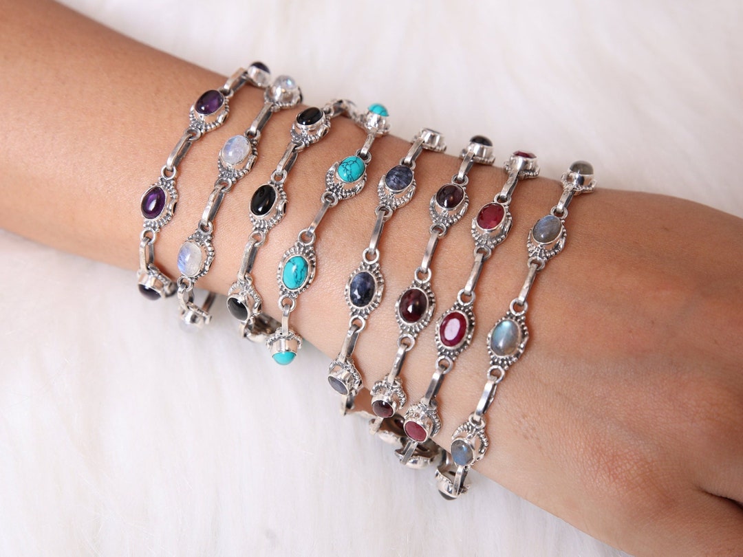 Multi Gemstone 925 Sterling Silver Bracelet, Birthstone Bracelet