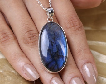 Ciondolo labradorite, collana in argento sterling 925, ciondolo con pietra preziosa del fuoco blu, ciondolo fatto a mano, collana Boho, ciondolo in pietra grande