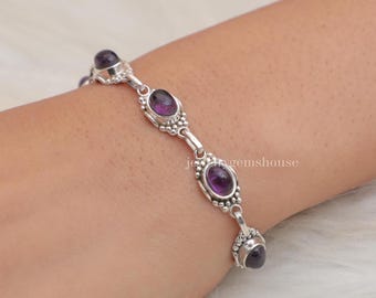 Amethyst Armband, 925 Sterling Silber Armband, Februar Geburtsstein, handgemachter Schmuck, Oval Edelstein Armband, Geburtstagsgeschenk für Sie